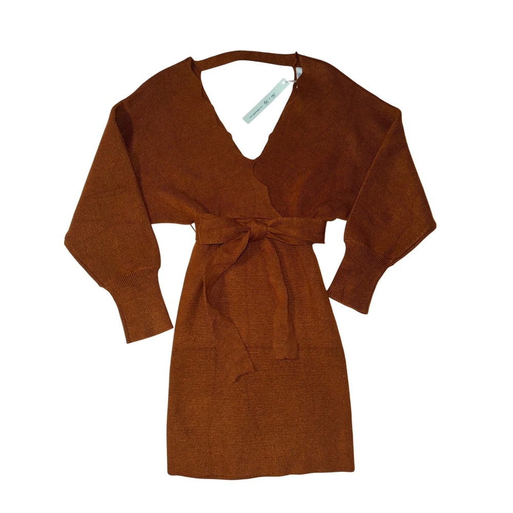 She + Sky Womens‎ Knit Mini Sweater Dress Long Sleeve V Neck Wrap in Rust sz LG